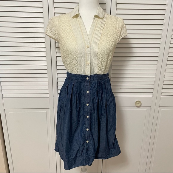 Anthropologie HD in Paris Ivory Chambray Lace and Denim Dress Country Size 8 - Picture 1 of 15